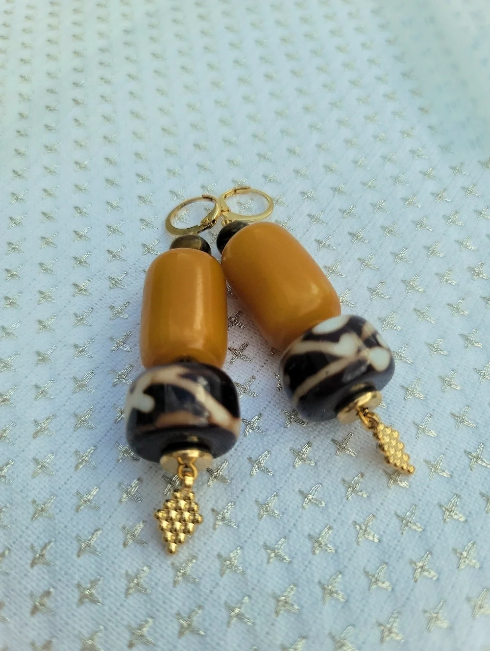 Handmade Mustard Resin Patterned Glass Bead Dangle Earrings Gold Tone Boho Luxe